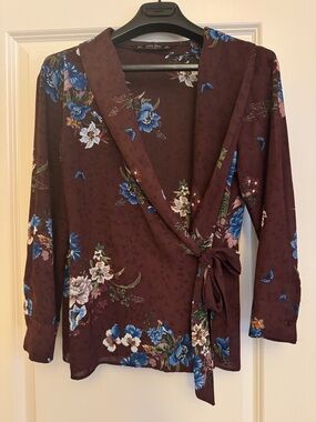 Zara Burgundy Floral Wrap Blouse with Blue & Cream Flowers